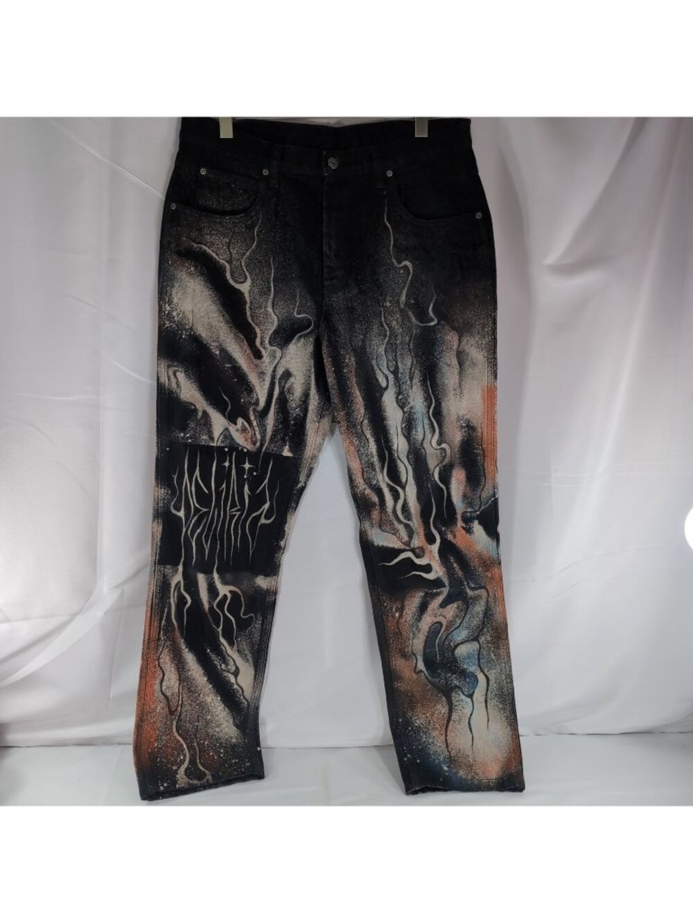 Deliria Hand Painted Denim Jeans Pants Men 36x32 Acid Rain Black Orange Flames